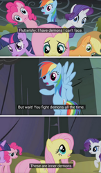 Size: 298x512 | Tagged: safe, screencap, applejack, fluttershy, pinkie pie, rainbow dash, rarity, twilight sparkle, earth pony, pegasus, pony, unicorn, friendship is witchcraft, g4, caption, female, inner demons, mare, subtitles, text