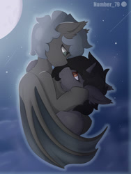 Size: 1501x1996 | Tagged: safe, artist:number_79, oc, oc only, oc:batty, oc:kate becker, bat pony, pony, unicorn, duo, ear fluff, female, hug