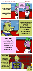 Size: 592x1280 | Tagged: safe, artist:spike-love, spike, dragon, comic:the legendary dragon story, g4, adult, angry, answer, ask, blue sky, character:yang-fu, comic, comic page, excited, greeting, kung fu, male, martial arts, school, temple, training, yin-yang, young