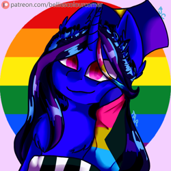 Size: 1000x1000 | Tagged: safe, artist:trr_bc, oc, oc only, oc:alethila, pony, unicorn, hat, pansexual pride flag, pride, pride flag, red eyes, simple background, solo, straight pride flag, top hat