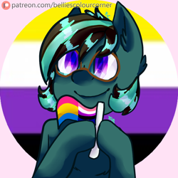 Size: 1000x1000 | Tagged: safe, artist:trr_bc, oc, oc only, oc:ray, earth pony, pony, flag, genderfluid pride flag, glasses, nonbinary pride flag, pansexual pride flag, pride, pride flag, purple eyes, simple background, solo