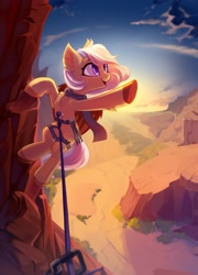 Size: 2390x3325 | Tagged: safe, artist:taneysha, oc, oc only, bat pony, pony, chest fluff, climbing, clothes, cute, ear fluff, fangs, high res, leg fluff, mountain, rock climbing, rope, scarf, underhoof, unshorn fetlocks