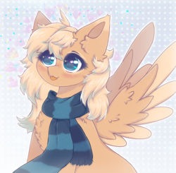 Size: 2040x2000 | Tagged: safe, artist:saltyvity, oc, oc only, oc:mirta whoowlms, pegasus, pony, big eyes, blue background, blue eyes, chest fluff, clothes, cute, ear fluff, embarrassed, fluffy, gift art, heart, high res, licking, licking lips, scarf, simple background, solo, sparkly eyes, striped scarf, tongue out, wingding eyes