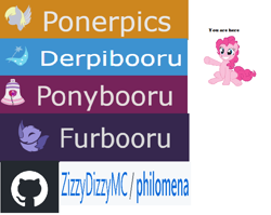 Size: 640x510 | Tagged: safe, artist:scrimpeh, edit, vector edit, derpy hooves, pinkie pie, earth pony, fox, pony, derpibooru, g4, 1000 hours in ms paint, female, furbooru, github, hoof pointing, logo, lowres, meta, philomena (software), pointing, ponerpics, ponybooru, simple background, sitting, smiling, solo, vector, white background