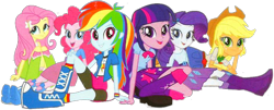 Size: 1280x517 | Tagged: safe, artist:rupahrusyaidi, edit, edited screencap, screencap, applejack, fluttershy, pinkie pie, rainbow dash, rarity, twilight sparkle, human, equestria girls, background removed, belt, boots, clothes, cowboy boots, cowboy hat, hat, high heel boots, humane five, humane six, jacket, not a vector, shirt, shoes, simple background, skirt, socks, solo, transparent background, twilight sparkle (alicorn)