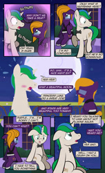 Size: 1920x3168 | Tagged: safe, artist:alexdti, oc, oc only, oc:purple creativity, oc:star logic, pegasus, pony, unicorn, comic:quest for friendship, blushing, bowtie, clothes, comic, dialogue, dress, duo, ears back, eye contact, femboy, folded wings, frown, glasses, hair over one eye, high res, hooves, horn, lineless, looking at each other, looking at someone, looking back, looking up, male, mare, moon, night, onomatopoeia, open mouth, open smile, outdoors, pegasus oc, raised hoof, raised leg, shrunken pupils, sitting, smiling, speech bubble, stallion, two toned mane, unicorn oc, wall of tags, wings