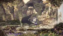Size: 3840x2160 | Tagged: safe, artist:laylahorizonsfm, coloratura, earth pony, pony, g4, 3d, abandoned, destroyed, high res, lore, musical instrument, piano, rara, river, ruins, scenery, solo, source filmmaker, tree, water