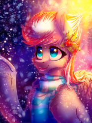 Size: 1088x1454 | Tagged: safe, artist:limreiart, oc, oc only, oc:lighty dust, pegasus, pony, bust, clothes, ear fluff, female, mare, night, pegasus oc, portrait, raised hoof, scarf, smiling, snow, snowfall, solo, striped scarf