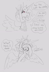 Size: 2014x2962 | Tagged: safe, artist:scarfyace, princess celestia, alicorn, pony, g4, alternate design, alternate hairstyle, apology, comic, crown, crying, high res, hoof on face, jewelry, necklace, raised hoof, redesign, regalia, sketch, speech bubble, text