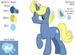 Size: 3856x2820 | Tagged: safe, artist:kimmyartmlp, oc, oc only, oc:mythic blue hope, pony, unicorn, audio drama, bedroom eyes, cute, cutie mark, full body, glowing, glowing horn, high res, hooves, horn, life's a breeze, male, next generation, offspring, parent:prince blueblood, parent:radiant hope, parents:hopeblood, raised hoof, reference sheet, show accurate, simple background, smiling, solo, stallion, standing, stud, transparent background, unicorn oc, yellow mane