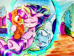 Size: 1032x775 | Tagged: safe, artist:liaaqila, scootaloo, starlight glimmer, trixie, pegasus, pony, unicorn, g4, blank flank, cannon, cloud, cute, cutealoo, eyes closed, female, filly, foal, glowing, glowing horn, horn, magic, magic aura, mare, open mouth, open smile, portal, sigh, sky, smiling, telekinesis, traditional art, trio, trio female, trixie's cannon, wings