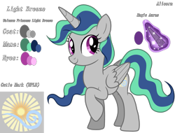 Size: 3415x2599 | Tagged: safe, artist:kimmyartmlp, oc, oc only, oc:light breeze, alicorn, pony, alicorn oc, audio drama, base used, cute, cutie mark, female, folded wings, full body, glowing, glowing horn, happy, high res, hooves, horn, life's a breeze, looking at someone, magic, mare, next generation, ocbetes, offspring, parent:king sombra, parent:princess celestia, parents:celestibra, princess, purple eyes, raised hoof, reference sheet, show accurate, simple background, smiling, solo, standing, tail, text, transparent background, two toned mane, two toned tail, wings