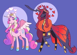 Size: 2624x1891 | Tagged: safe, artist:scarfyace, princess cadance, queen chrysalis, alicorn, butterfly, changeling, monarch butterfly, pony, g4, alternate cutie mark, alternate design, alternate hairstyle, boa, butterfly wings, crown, egyptian, fangs, frown, halo, heart, heart eyes, hoof shoes, horn, jewelry, lipstick, long hair, long horn, long mane, necklace, orange changeling, raised hoof, redesign, regalia, scarab beetle, scorpion tail, seashell, smiling, tail, wingding eyes, wings
