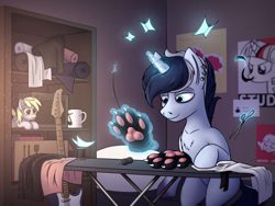 Size: 1920x1440 | Tagged: safe, artist:tsswordy, derpy hooves, oc, oc:bronyast, pony, unicorn, g4, fursuit, glowing, glowing horn, horn, magic, male, paw gloves, plushie, sewing, solo, telekinesis, unicorn oc