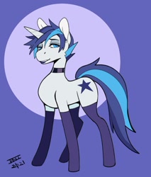 Size: 1096x1287 | Tagged: safe, artist:scarfyace, shining armor, pony, unicorn, g4, alternate cutie mark, alternate design, alternate hairstyle, choker, clothes, feminine stallion, lipstick, redesign, smiling, stockings, thigh highs