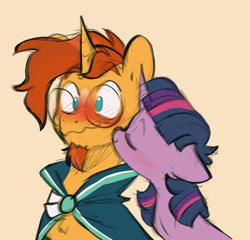 Size: 3170x3039 | Tagged: safe, artist:chub-wub, sunburst, twilight sparkle, alicorn, pony, unicorn, g4, blaze (coat marking), blushing, cheek kiss, cloak, clothes, coat markings, cute, duo, eyes closed, facial hair, facial markings, female, glasses, goatee, high res, kissing, male, mare, ship:twiburst, shipping, stallion, straight, sunburst's cloak, sunburst's glasses, twilight sparkle (alicorn)