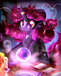 Size: 2000x2513 | Tagged: safe, artist:woonborg, oc, oc only, oc:prism, pony, unicorn, candle, card, chest fluff, coat markings, crooked horn, crystal ball, facial markings, female, fortune teller, high res, horn, horn ring, jewelry, magic, mare, pendant, ring, solo, star (coat marking)