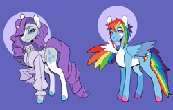 Size: 2823x1795 | Tagged: safe, artist:scarfyace, rainbow dash, rarity, g4, alternate color palette, alternate design, alternate hairstyle, choker, clothes, coat markings, colored wings, ear piercing, earring, frown, hair over one eye, hoov, jewelry, lightning, lipstick, markings, multicolored wings, piercing, rainbow wings, smiling, socks (coat markings), wings
