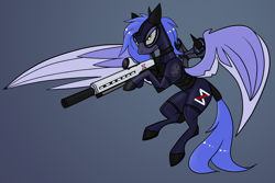 Size: 3600x2411 | Tagged: safe, artist:fenixdust, oc, oc only, oc:azure, pegasus, pony, armor, body armor, bodysuit, clothes, commission, equine, female, flying, focused, futuristic, gun, high res, jetpack, mare, military, military pony, military uniform, pegasus oc, pony oc, quadrupedal, rifle, short hair, short mane, simple background, skintight, skintight clothes, slender, solo, suit, thin, uniform, weapon, xenestra corporation