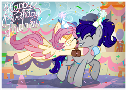 Size: 1131x800 | Tagged: safe, artist:jennieoo, oc, oc:gentle star, oc:maverick, earth pony, pegasus, pony, balloon, birthday, birthday party, colored wings, cute, gift art, glomp, happy, hat, hug, ocbetes, party, party hat, show accurate, smiling, two toned wings, vector, wings