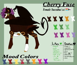 Size: 2048x1740 | Tagged: safe, artist:inisealga, oc, oc only, oc:cherry fuse, hybrid, pony, succubus, succubus pony, bat wings, coat markings, devil tail, facial markings, female, mare, reference, reference sheet, socks (coat markings), solo, succubus oc, tail, wings