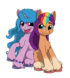 Size: 1338x1500 | Tagged: safe, artist:lucktail, izzy moonbow, sunny starscout, earth pony, pony, unicorn, g5, duo, duo female, female, mare, simple background, transparent background