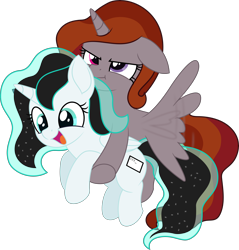 Size: 3956x4145 | Tagged: safe, artist:pencil_draw_indo, edit, editor:fauli1221, oc, oc only, oc:funny jo, oc:light jet, alicorn, pony, .svg available, :d, :t, absurd resolution, alicorn oc, base used, duo, duo female, female, female oc, filly, flying, foal, folded wings, heterochromia, holding a pony, horn, open mouth, open smile, recolor, simple background, smiling, svg, transparent background, unamused, vector, wings, younger