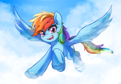 Size: 4271x2964 | Tagged: safe, artist:maren, rainbow dash, pegasus, pony, backwards cutie mark, eye clipping through hair, female, flying, looking at you, mare, open mouth, open smile, smiling, solo