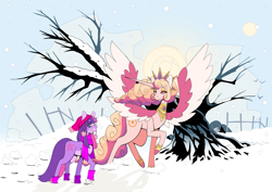 Size: 4093x2894 | Tagged: safe, artist:scarfyace, princess celestia, twilight sparkle, alicorn, pony, unicorn, g4, alternate cutie mark, alternate design, alternate hairstyle, boots, clothes, fence, frown, glasses, hat, hoof shoes, hooves, raised eyebrow, raised hoof, redesign, scarf, shoes, snow, spread wings, tree, unicorn twilight, wings