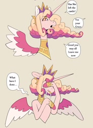 Size: 2014x2757 | Tagged: safe, artist:scarfyace, princess celestia, alicorn, pony, g4, alternate design, alternate hairstyle, apology, colored, comic, crown, crying, high res, hoof on face, jewelry, necklace, raised hoof, redesign, regalia, speech bubble, text