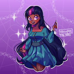 Size: 1280x1280 | Tagged: safe, artist:vibe-png, twilight sparkle, human, g4, blushing, chains, clothes, dark skin, dress, eyebrows, female, gradient background, happy, heart, heart eyes, horn, humanized, looking up, open mouth, open smile, signature, smiling, solo, sparkles, wingding eyes