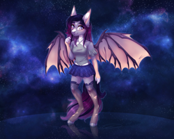 Size: 4500x3600 | Tagged: safe, artist:doekitty, oc, oc only, oc:dawn aurora, bat pony, anthro, unguligrade anthro, absurd resolution, clothes, female, shirt, skirt, solo, space, stockings, thigh highs