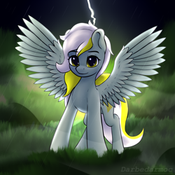 Size: 2048x2048 | Tagged: safe, artist:darbedarmoc, oc, oc only, pegasus, pony, fog, grass, high res, lightning, looking at you, night, pegasus oc, rain, solo, spread wings, tail, two toned mane, two toned tail, wings