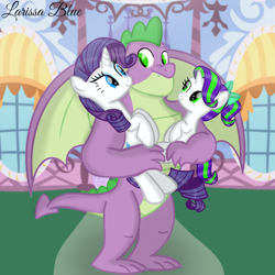 Size: 720x720 | Tagged: safe, artist:mlplary6, rarity, spike, oc, oc:pearl, dracony, dragon, hybrid, pony, unicorn, g4, carrying, family, female, filly, foal, gigachad spike, interspecies offspring, looking at each other, looking at someone, male, mare, offspring, older, older spike, parent:rarity, parent:spike, parents:sparity, ship:sparity, shipping, smiling, smiling at each other, straight, trio