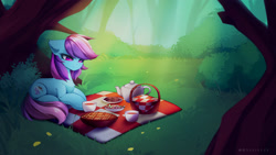 Size: 3000x1694 | Tagged: safe, artist:shavurrr, oc, oc only, oc:nohra, earth pony, pony, basket, chest fluff, commission, ear fluff, earth pony oc, female, floppy ears, food, forest, full body, nature, picnic, picnic basket, picnic blanket, pie, smiling, solo, tail, two toned mane, two toned tail, waiting