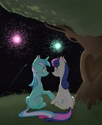 Size: 2500x3062 | Tagged: safe, artist:leviathanrabbit, bon bon, lyra heartstrings, sweetie drops, earth pony, pony, unicorn, g4, blushing, duo, female, fireworks, high res, lesbian, looking at each other, looking at someone, night, ship:lyrabon, shipping, smiling, tree, under the tree