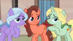 Size: 1920x1080 | Tagged: safe, screencap, dear darling, fond feather, swoon song, earth pony, pegasus, pony, unicorn, hard to say anything, season 7, 1080p, bimbettes, female, happy, lidded eyes, looking at you, mare, raised hoof, trio, trio female