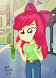 Size: 1024x1406 | Tagged: safe, artist:sumin6301, apple bloom, human, equestria girls, g4, blushing, female, food, grin, hand, ice cream, korean, melona, offscreen character, smiling, solo focus