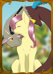 Size: 2160x3000 | Tagged: safe, artist:darmetyt, discord, fluttershy, draconequus, pegasus, pony, g4, duo, duo male and female, eyebrows, eyes closed, female, high res, male, nuzzling, one eye closed, ship:discoshy, shipping, sitting, smiling, spread wings, straight, wings