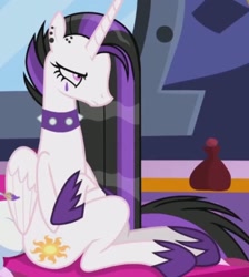 Size: 1376x1536 | Tagged: safe, screencap, princess celestia, alicorn, pony, between dark and dawn, g4, season 9, annoyed, celestia is not amused, collar, crossed arms, dyed mane, emo, female, folded wings, frown, goth, hoof shoes, makeup, mare, punklestia, sitting, solo, spiked collar, unamused, wings