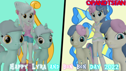 Size: 3840x2160 | Tagged: safe, artist:optimussparkle, bon bon, lyra heartstrings, sweetie drops, earth pony, human, pony, unicorn, equestria girls, g4, 3d, high res, lyra and bon bon day, older bon bon, older lyra heartstrings, source filmmaker