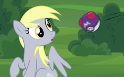 Size: 3500x2189 | Tagged: safe, artist:badumsquish, derpibooru exclusive, derpy hooves, pegasus, pony, g4, :o, bush, confused, discussion in the comments, female, high res, looking back, mare, master ball, motion blur, offscreen character, open mouth, poké ball, pokémon, raised hoof, show accurate, sitting, solo, spread wings, throwing, wings