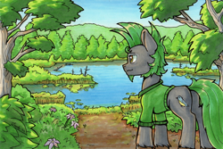 Size: 2688x1791 | Tagged: safe, artist:dandy, oc, oc only, oc:jack pine, earth pony, pony, artfight, beard, clothes, copic, facial hair, flower, lake, male, nature, scenery, shirt, solo, stallion, traditional art, tree, unshorn fetlocks, water