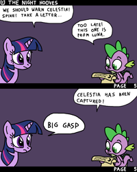 Size: 1600x2000 | Tagged: safe, artist:nopony, spike, twilight sparkle, dragon, pony, comic:the night hooves, g4, atg 2022, comic, female, gasp, male, mare, newbie artist training grounds, scroll, speech bubble, winged spike, wings