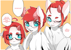 Size: 4093x2894 | Tagged: safe, artist:sugarelement, oc, oc:red cherry, pegasus, pony, dialogue, glasses, hairstyle, paradox, self paradox