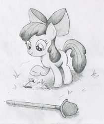 Size: 1680x2000 | Tagged: safe, artist:nedemai, apple bloom, earth pony, pony, g4, atg 2022, bow, buried, female, filly, foal, hair bow, monochrome, newbie artist training grounds, pencil drawing, shovel, traditional art