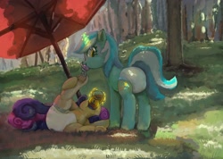 Size: 2732x1944 | Tagged: safe, artist:asdfasfasda, bon bon, lyra heartstrings, sweetie drops, earth pony, pony, unicorn, g4, cute, diaper, diaper fetish, duo, feeding, fetish, foal bottle, forest, grass, looking back, lying down, magic, non-baby in diaper, on back, pacifier, smiling, standing, summer, telekinesis, umbrella