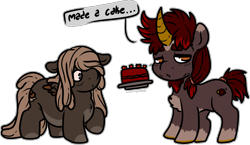 Size: 1699x984 | Tagged: safe, artist:sexygoatgod, oc, oc only, oc:cherry velvet, oc:meatball, pegasus, unicorn, brothers, cake, chibi, facial hair, fat, food, height difference, male, obese, ponytail, siblings, small wings, wings