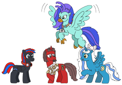 Size: 3264x2256 | Tagged: safe, artist:supahdonarudo, oc, oc only, oc:fleurbelle, oc:ironyoshi, oc:sea lilly, oc:smooth walker, alicorn, classical hippogriff, hippogriff, pegasus, unicorn, bow, camera, clothes, flying, headphones, jewelry, looking at each other, looking at someone, necklace, newbie artist training grounds, raised hoof, shirt, simple background, transparent background, worried