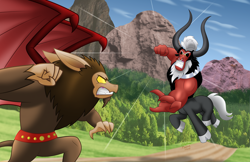 Size: 1920x1243 | Tagged: safe, artist:aleximusprime, lord tirek, scorpan, centaur, gargoyle, taur, fanfic:tirek vs scorpan, flurry heart's story, action, action pose, angry, bat wings, belt, brothers, fanfic art, fight, fist, gritted teeth, horns, jumping, male, mountain, nose piercing, nose ring, outdoors, piercing, punch, siblings, sky, teeth, tirek vs scorpan, tree, wings